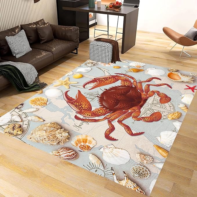 Nautical Theme Area Carpets, 8x10ft, Ocean Crab Shell Floor Rugs, Vintage Compass Anchor Printed Carpets, Machine Washable Foldable Easy-Clean Mats for Dining Room Runners