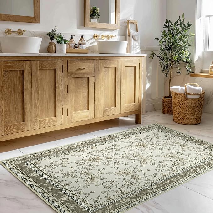 Beige Taupe Floral Area Rug for Entryway 2x3 Washable Small Rug Low Pile Non Slip Distressed Entry Mat Soft Farmhouse Indoor Entrance Door Mat for Kitchen Bedroom Greyish Beige Tan Floral Design