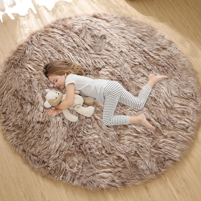 Beige 3ft Round Fluffy Shaggy Rug Washable Soft Area Rug for Living Room Bedroom Cute Room Decor Circle Nursery Rug Faux Fur Carpet