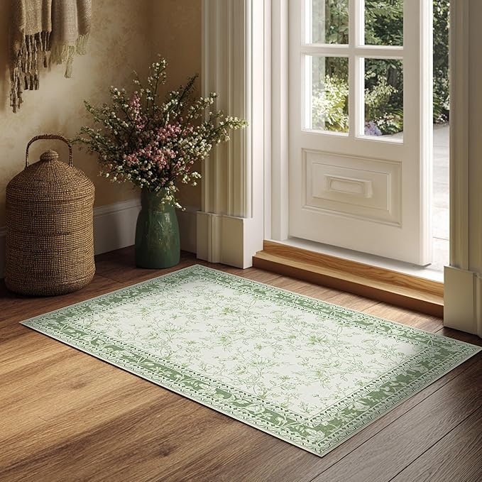 Small Green Rugs 2x3 Sage Green Kitchen for Entryway, Soft Washable Floral Sketch Printed Non-Slip Kitchen Mat, Low-Pile Indoor Bathroom Farmhouse Carpet for Entrance Cottage Boho Farmhouse