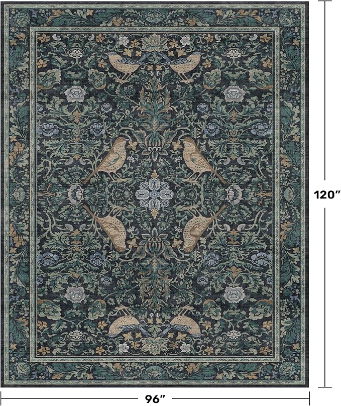 Boho Washable 8x10 Large Rugs for Living Room - Non Slip Dark Blue Botanical Rug for Dining Room Under Table, Low Pile & Soft Rugs for Bedroom Under Bed