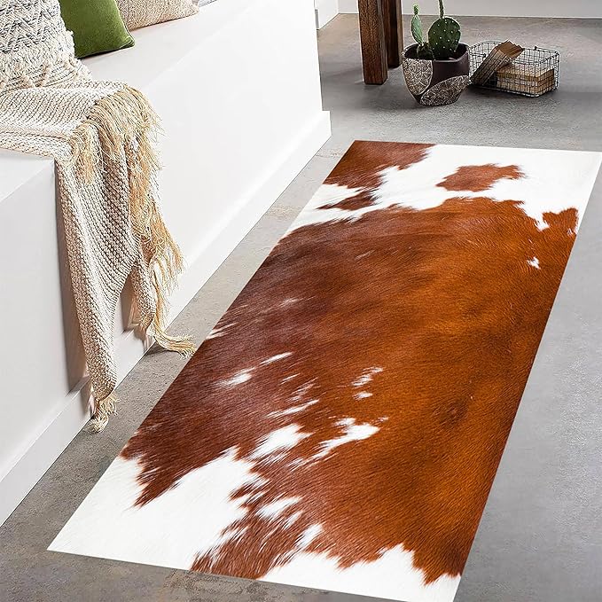 Runner Rug 2x4ft Cowhide Print White Soft Non-Slip Washable Floor Mats Wildlife Rug Hunter Lover Decorations Brown Carpet for Living Room Dining Room Hallway Entrance Rugs