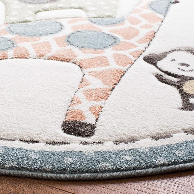 SAFAVIEH Carousel Kids Collection Area Rug - 6'7" Round, Ivory, Animal Design, Non-Shedding & Easy Care, Ideal for High Traffic Areas for Boys & Girls in Playroom, Nursery, Bedroom (CRK120A)