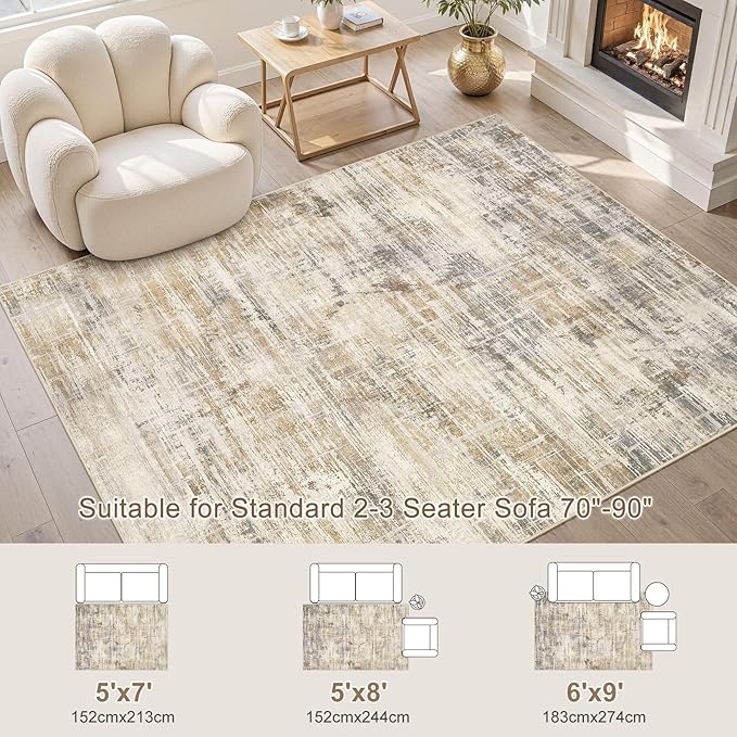 Area Rug for Living Room: 6x9 Washable Neutral Abstract Modern Soft Rugs Non Slip Indoor Floor Stain Resistant Large Carpet for Bedroom Dining Room Office Nursery - Golden Brown