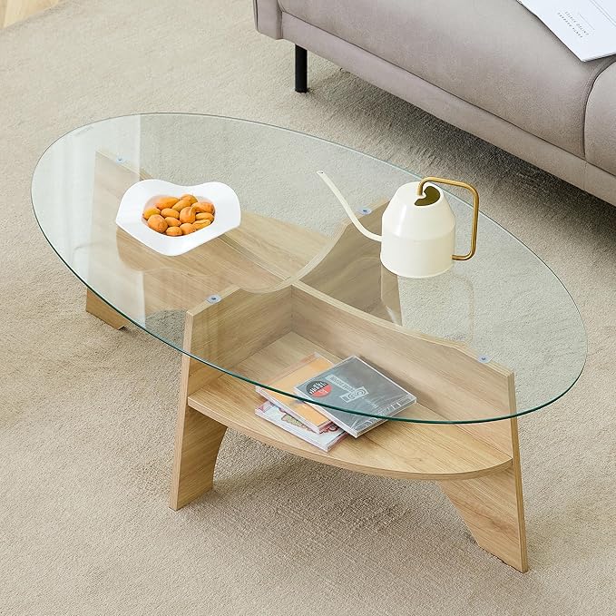 LKTART 41" Oval Glass Coffee Table with Tempered Glass Top and MDF Base, Diagonal Fan-Shaped Tray Design Table Leg Simple & Modern Center Table for Living Room Office Apartment Wood