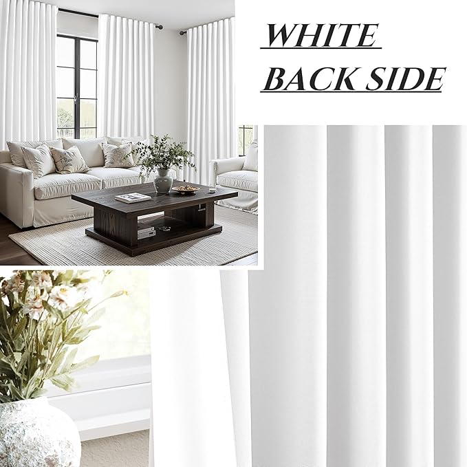 Pure White Blackout Curtains 60 Inches Extra Wide Modern Linen 96 Inch Length for Living Room, Boho Pleated Farmhouse Bedroom Large Window Thermal Heavy Drapes for Winter 60"W x 96"L 2 Panels