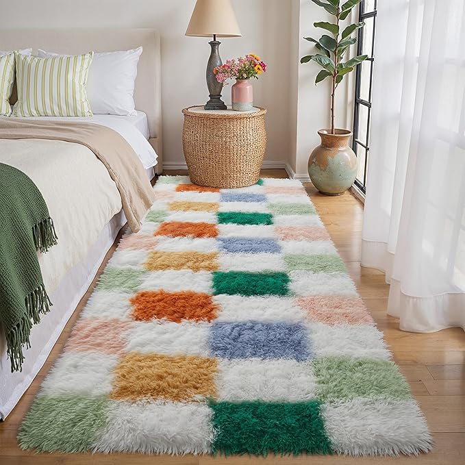 Checkered Area Rug 2x6 for Bedroom, Modern Neutral Shag Rug Super Soft Runner Carpet Washable Fluffy Rugs for Living Room Bedside Sofa Home Dorm Decor Aesthetic