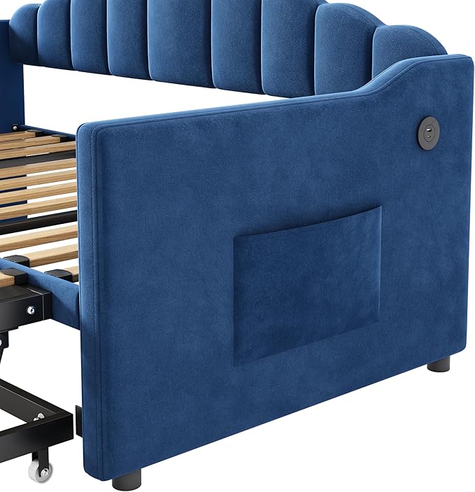 SOFTSEA Twin Daybed with Pop Up Trundle, Velvet Upholstered Daybed with USB Ports, Modern Extendable Sofa Bed Frame with Curved Backrest for Bedroom, Small Space, Blue
