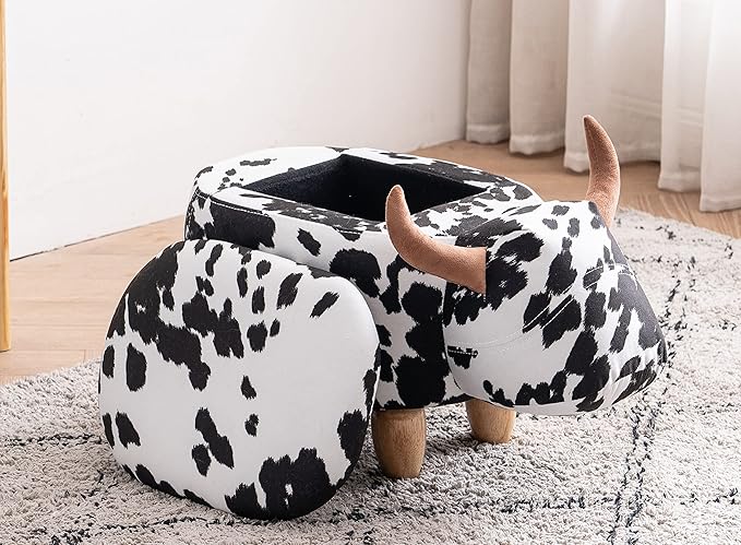 Home 2 Office Cow Ottoman for Kids' Bedroom, Playroom, Nursery, and Living Room, Animal Ottoman with Storage, Footstool for Kids, Black/White