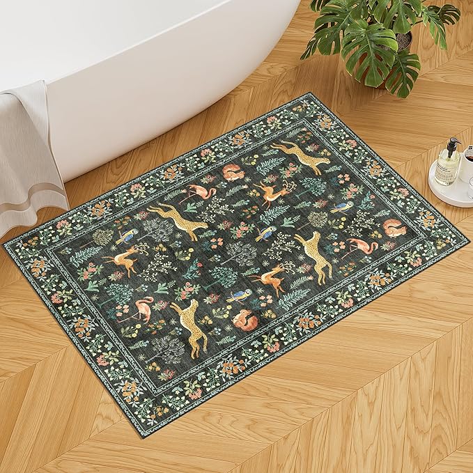 DUKINO 2x3 Rug, Washable Animal Rugs for Entryway, Non Slip Indoor Door Mat, Soft Low Pile Small Area Carpet for Entrance, Bedroom, Kitchen, Laundry, Bathroom, Black