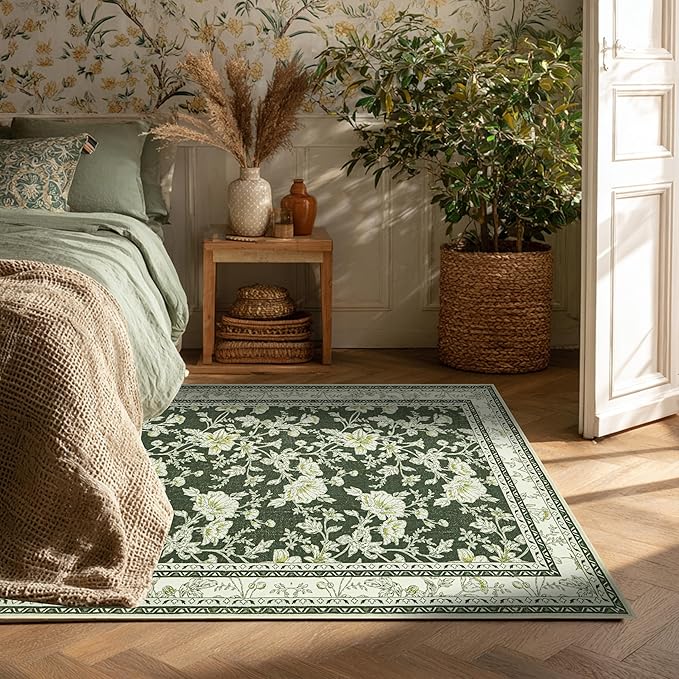 Olive Green Floral Print Area Rugs for Bedroom Living Room Boho Farmhouse Country Rustic Dining Room Carpet Soft Washable Rugs Non Slip Floor Covering for Nursery Playroom 4x6