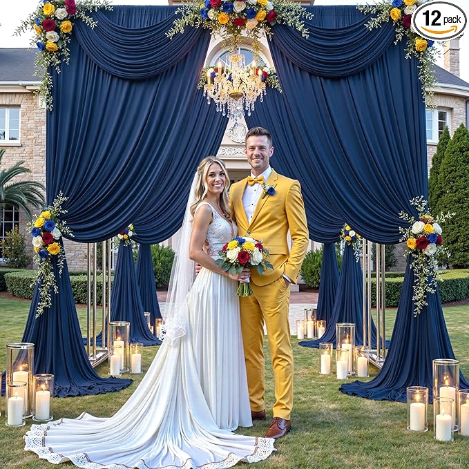 60×12ft Navy Blue Wrinkle Free Backdrop Curtain for Wedding Parties, 12 Panels 5×12ft Long Soft Silky Polyester Backdrop Drapes Photo Back Drop Curtains for Birthday Photography Background Cloth