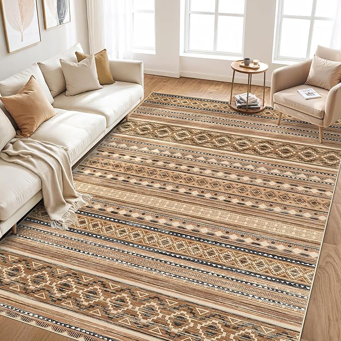 Area Rugs for Living Room Washable Living Room Rug Soft Neutral Indoor Floor Carpet Non-Slip Stain Resistant Modern Boho Rugs for Bedroom Dining Room Kids Room Nursery Office Home Brown/Beige