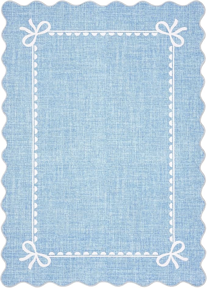 GarveeHome Scalloped Bow Rug for Living Room, Solid Blue Rug for Dorm, Washable Rugs 9x12 Soft Low Pile Non Slip Scalloped Rugs for Nursery College Bedroom Decor Kids Room Playroom