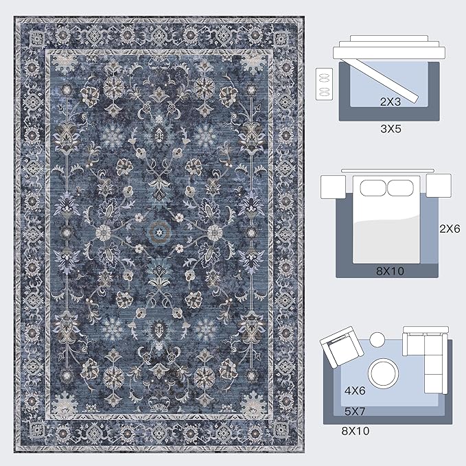 Tangsoo 2x6 Washable Runner Rug for Hallway, Non Slip Boho Vintage Floral Rug Runner for Kitchen Entryway, Distressed Blue Black Floor Carpet Soft Low Pile Indoor Mat for Bedroom Bathroom Laundry