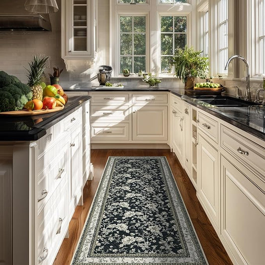 Black Runner Rugs 2x6 for Hallway Kitchen Bedroom Beside Laundry Room Bathroom Rug Boho Modern Washable Non Slip Low Pile Stain Resistant Soft Long Carpet Mat Black Cream Beige Taupe Floral Pattern