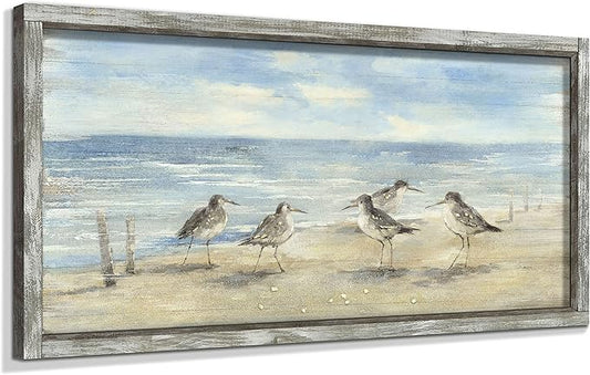 Ocean Framed Painting Wall Decor: 32"x16" Abstract Coastal Wall Art Seagulls Oil Painting Style Seascape Artwork Beach Picture Printed on Wood for Living Room