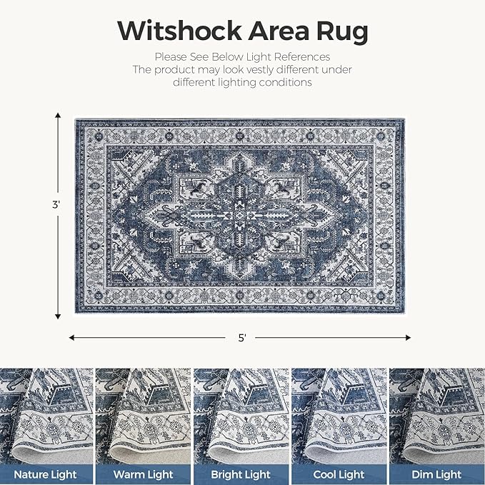 WITSHOCK Living Room Area Rugs 3x5: Washable Rug Boho Soft Non-Slip Low Pile Stain Resistant Foldable Carpet for Bedroom Playroom Dining Room Office Kitchen Farmhouse Home Decor Rug-Blue