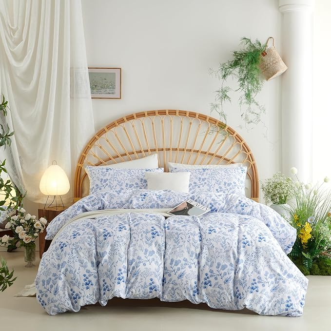 Floral Duvet Cover Queen Size Blue White Romantic Floral Bedding Set 3Pcs Spring Cottagecore Garden Botanical Reversible Coquette Comforter Cover with Zipper Closure and 2 Pillowcases