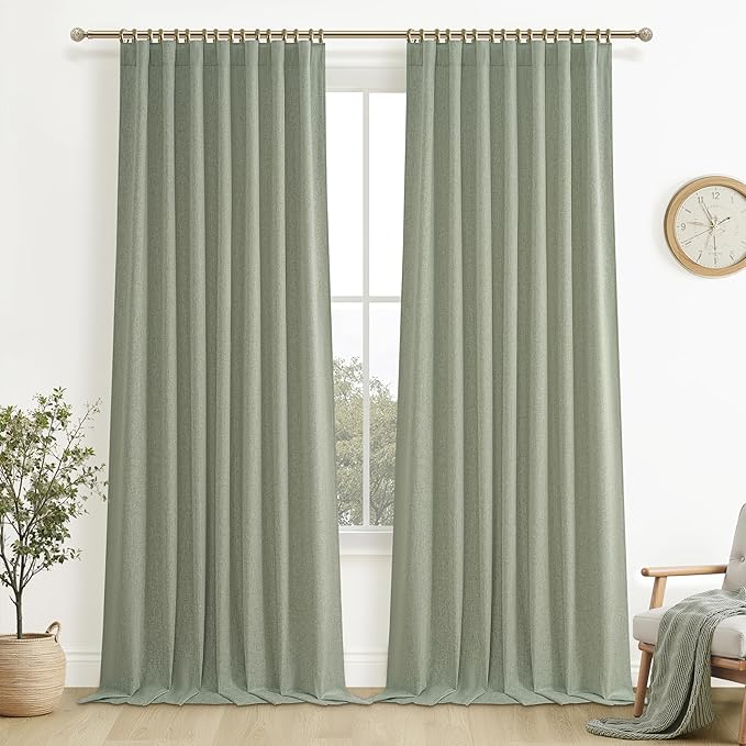Sage Green Blackout Linen Curtains 108 Inches Long for Living Room Bedroom, Pleated Window Track Curtain with Pin Hooks Belt Boho Light Green Drapes Thermal Insulated (50"Wx108"Lx2Panels) Back Tab