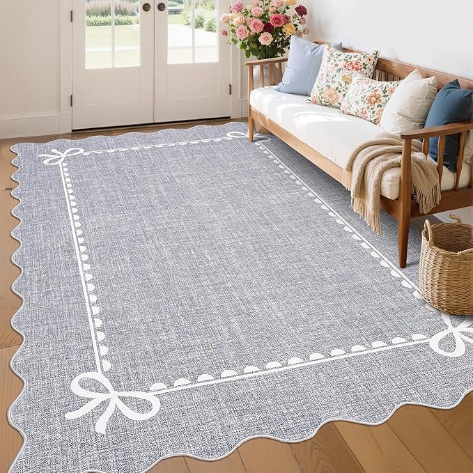 GarveeHome Scalloped Bow Rug for Living Room, Solid Grey Rug for Dorm, Washable Rugs 9x12 Soft Low Pile Non Slip Scalloped Rugs for Nursery College Bedroom Decor Kids Room Playroom