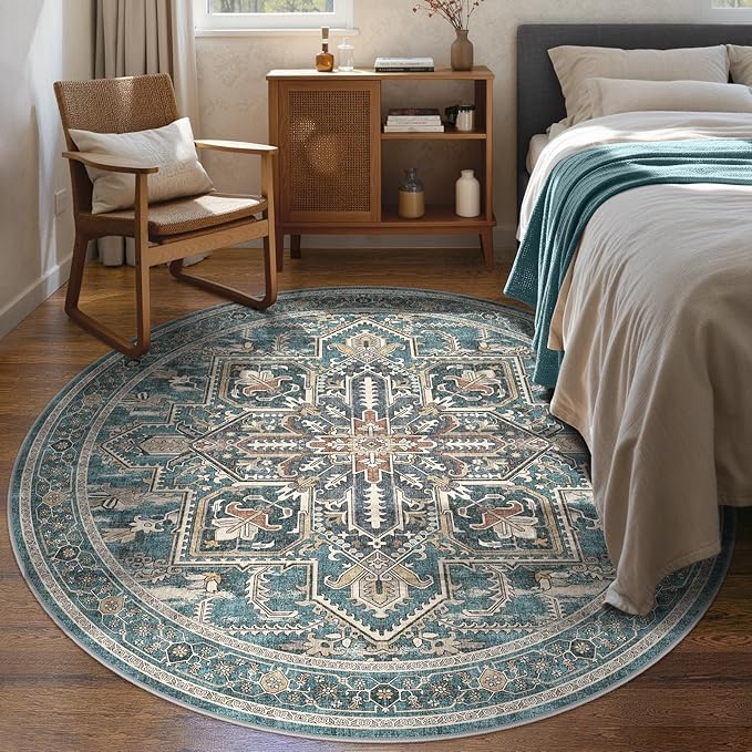 WITSHOCK Round Living Room Rugs 8Ft: Washable Vintage Boho Soft Low Pile Non-Slip Stain Resistant Foldable Carpet for Bedroom Playroom Dining Room Office, Distressed Farmhouse Home Decor Rug-Dull Teal