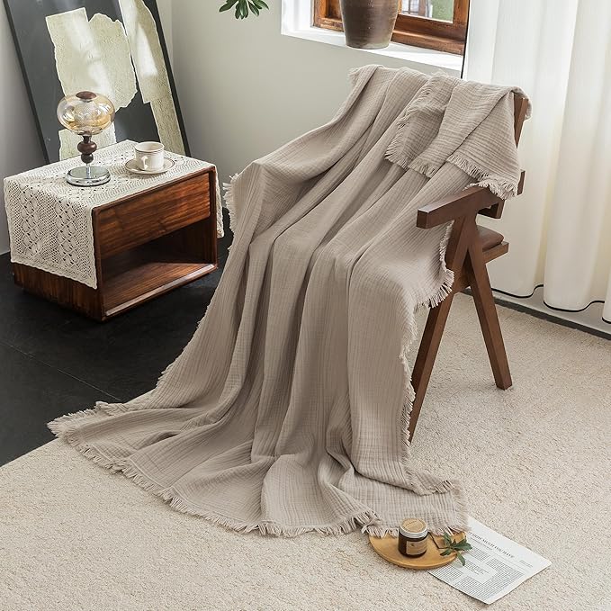 FOSSA Muslin Blanket with Fringe - 4-Layer 100% Cotton Gauze Super Soft & Breathable Throw -Lightweight Decorative Cooling Blanket for Bed, Sofa, Office -Twin XL Size 90" × 66" (Beige Gray)