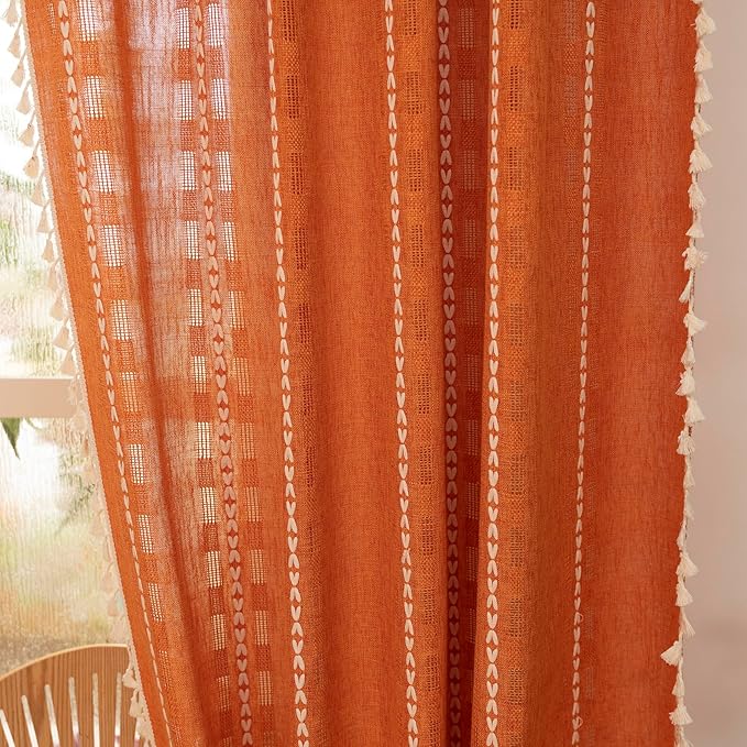 Deeprove Orange Boho Curtain 84 inches Length for Living Room Bedroom, Bohemian 84 inches Long Burnt Terracotta Fall Embroidery Textured Halloween Privacy Window Thanksgiving Decor W52 x L84, 1 Panel