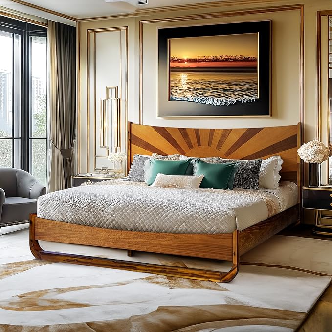 Sunset Solid Acacia Wood Queen Platform Bed, Tall Headboard, Mid-Century Art Deco Design, No Box Spring Needed, Sturdy Slat Support, Scratch & Water-Resistant, Caramel Finish