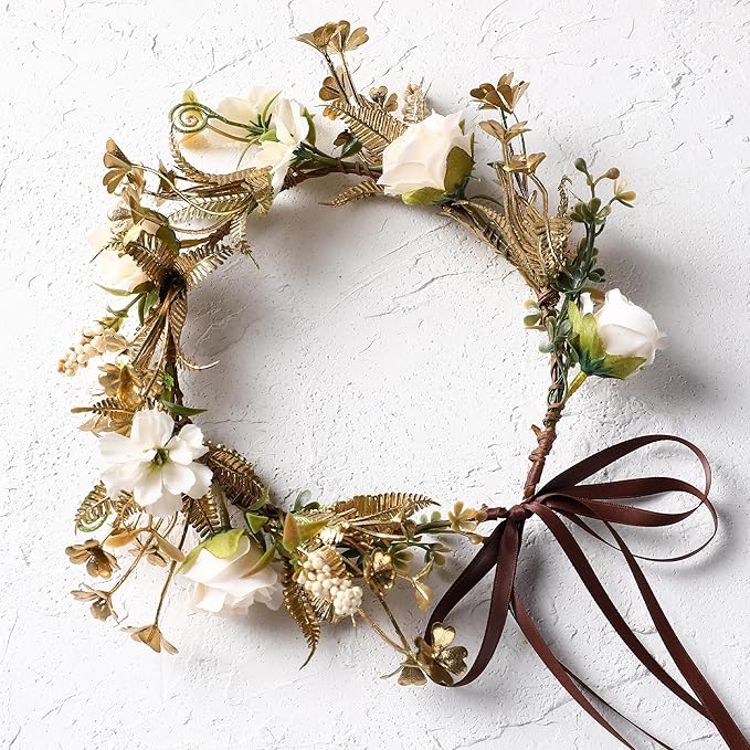 Vintage Rose Flower Crown - Golden Leaves White Classic Flower Headband Fairy Elegant Floral Headpiece for Women Girls Christmas Mucic Festivals Photo Prop