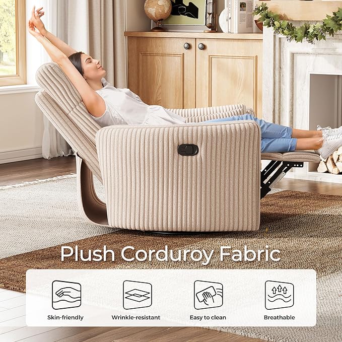 LINSY HOME 360 Swivel Nursery Rocking Chair with 2 Pillows, Corduroy High Back Adult Recliner for Small Spaces, Nursery Glider Rocker Chair, Bedroom Living Room Reclining Chairs (Beige)