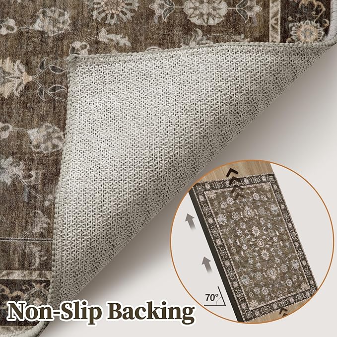 Tangsoo 2x6 Washable Runner Rug for Hallway, Non Slip Boho Vintage Brown Floral Rug Runner for Kitchen Entryway, Distressed Floor Carpet Soft Low Pile Indoor Mat for Bedroom Bathroom Laundry