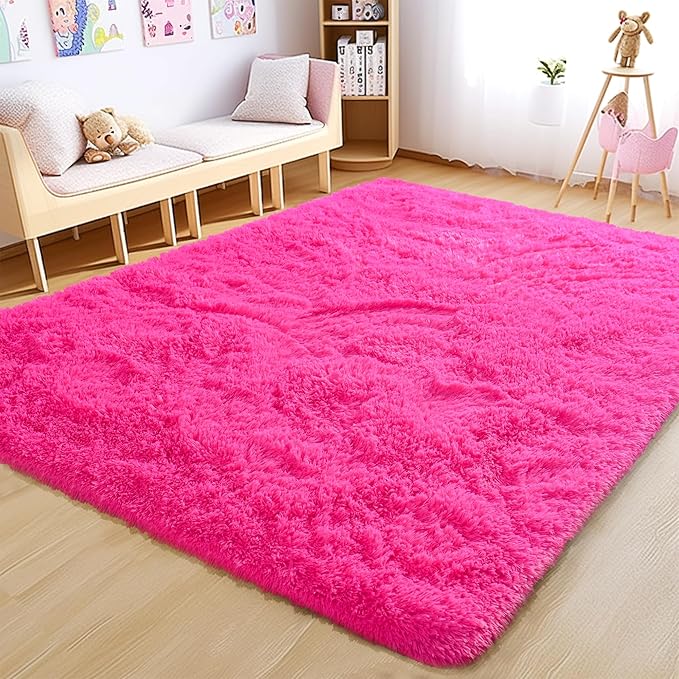 Fluffy Rug 2x3 Feet - Preppy Girls Fuzzy Rugs College Dorm - Small Cute Chair Rug Washable for Nursery- Hot Pink