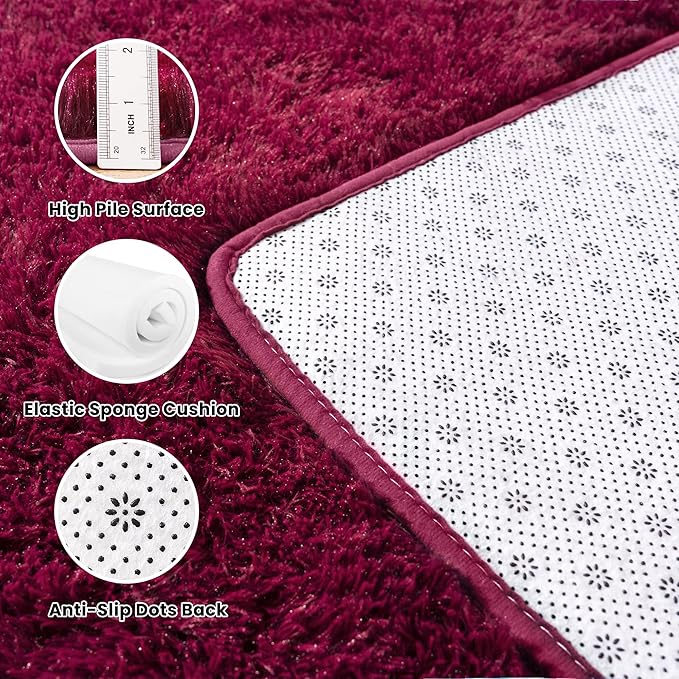 8x10 Rug - Non-Slip Area Rug Washable for Living Room - Height Pile Fluffy Throw Rugs Carpet for Bedroom - Burgundy