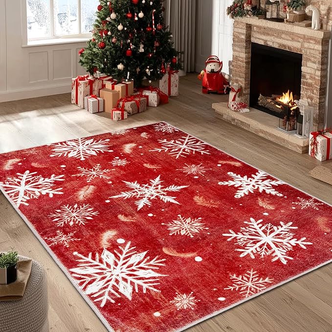 5x7 Machine Washable Christmas Area Rug, Non-Slip Floor Rugs for Kids, Low Pile Room Carpet for Living Room, Bedroom, Dining Room & Nursery(5x7 Snowflake)