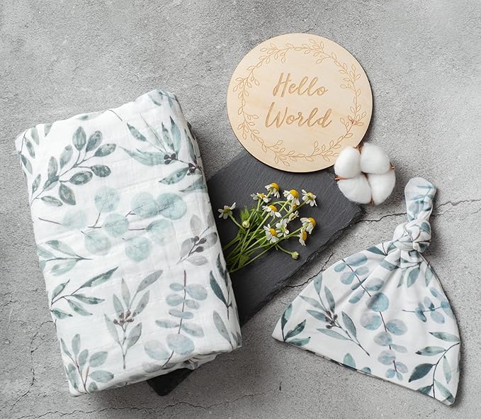 Miaoberry Organic Muslin Swaddle Blankets with Matching Hat and Wooden Hello World Newborn Sign | Eucalyptus Newborn Photography Props | Birth Announcement Sign