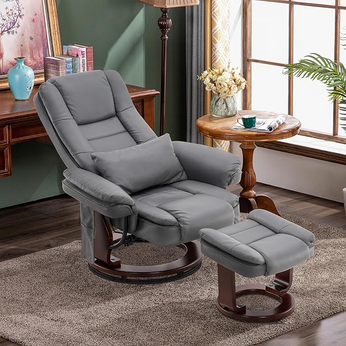 MCombo Swivel Recliner with Ottoman Chair, TV Chair Sets with Vibration Massage, for Small Space Living Room Bedroom 9096 9099 (Faux Leather, Grey)