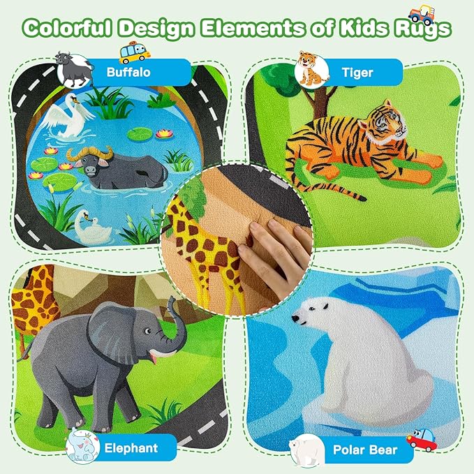 Kids Rug, 3x5 Ft Animal Car Rugs for Kids Toy Cars, Extra Thick (0.4in) - Non-Slip Zoo Road Rug Mat Carpet for Playroom & Bedroom, Educational Learning & Game Area