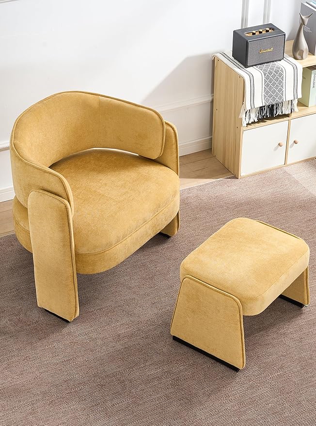 LOULENS Oversized Accent Chair with Ottoman, Modern Upholstered Barrel Chair with Footrest, Comfy Round Armchair for Living Room, Bedroom, Reading Room & Corner (1, Yellow)