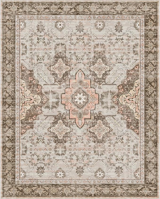 AMTOVO 8x10 Area Rugs for Living Room, Large Non-Slip Washable Rug, Boho Vintage Retro Medallion Print Pattern Carpet for Bedroom Dining Room Home Office Nursery Dorm Farmhouse, Light Brown