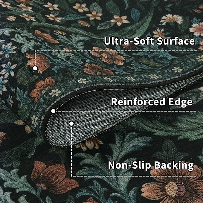4x6 Black Floral Boho Area Rug,Low-Pile Stain Resistant Non-Slip Machine Washable Carpet for Living Room,Bedroom, Kitchen,Entryway,Dining Room, Nursery