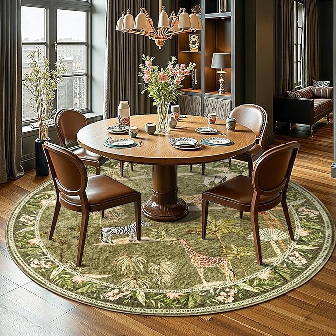 jinchan Round Rug 8ft Green Jungle Animals Print Living Room, Machine Washable 8' Circle Modern Soft Non-Slip Forest Plant Kids Room Throw Area Rug, Low Pile Christmas Carpet for Dining Room Bedroom