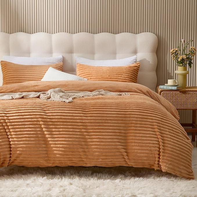 JELLYMONI Plush Duvet Cover Set - Queen Size Orange Striped Fluffy Comforter Cover 3pcs Bedding Set Luxury Ultra Soft Faux Fur Duvet Cover with Zipper and 2 Pillowcases (NO Comforter)