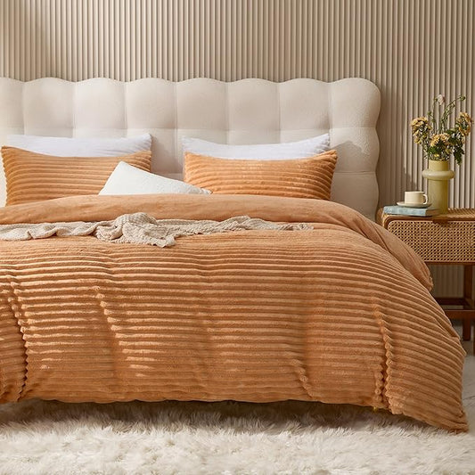 JELLYMONI Plush Duvet Cover Set - King Size Orange Striped Fluffy Comforter Cover 3pcs Bedding Set Luxury Ultra Soft Faux Fur Duvet Cover with Zipper and 2 Pillowcases (NO Comforter)
