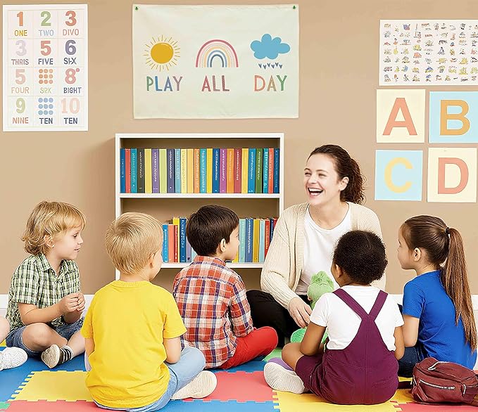Playroom Canvas Banner Wall Decor-Hanging Rectangular Poster Flag Sign Wall Art for Nursery Baby Kids Girl Boy Teen,Playroom Decoration,Christmas Gift-Play All Day-28.5" L x 20" W