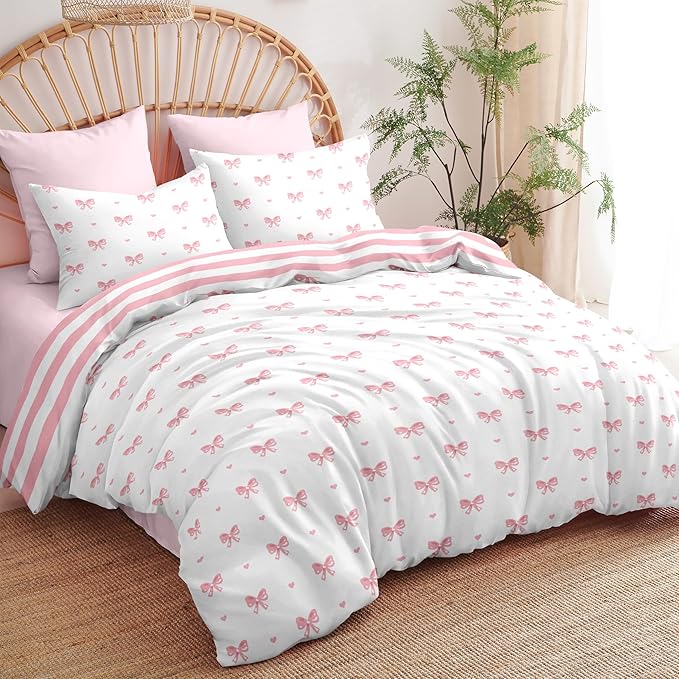 Pink Bow Duvet Cover Queen Size Striped Bedding Set Kids Boys Girls 3 Pieces Princess Style Stripe Bowknot Reversible Coquette Soft Microfiber Duvet Cover Set with 2 Pillowcases