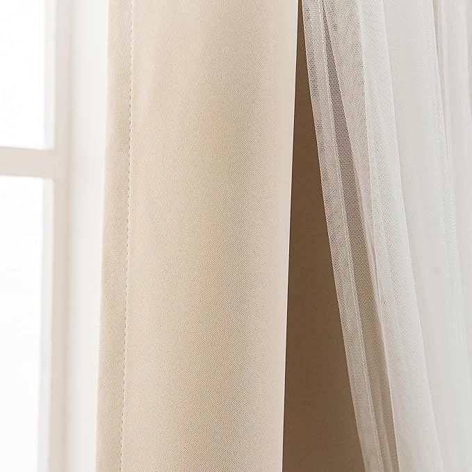 INLINAS Beige Blackout Curtains with Sheer Overlay - Grommet Top Thermal and Noise Reduction Panels for Bedroom and Living Room Light Blocking and Energy Saving, 52 x 84 Inches, Set of 2