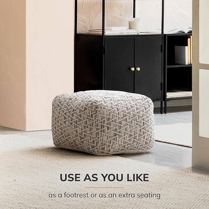 Anji Mountain 100% Handmade & Handcrafted Comfortable Home Décor Pouf Ottoman Footrest for Living Room, Bedroom, Nursery, Kidsroom, Patio Furniture - (22" x 22" x 16"- Black,Ivory)
