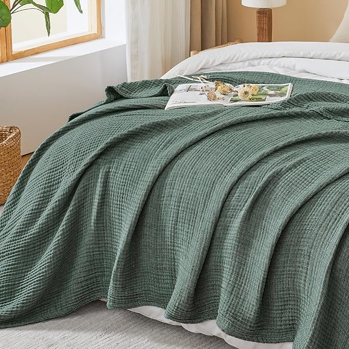 EMME Cotton Muslin Queen Blanket Bed Layering Bedspread Coverlet Breathable Gauze Soft Lightweight Blankets (Heather Forest Green, 90"x90")