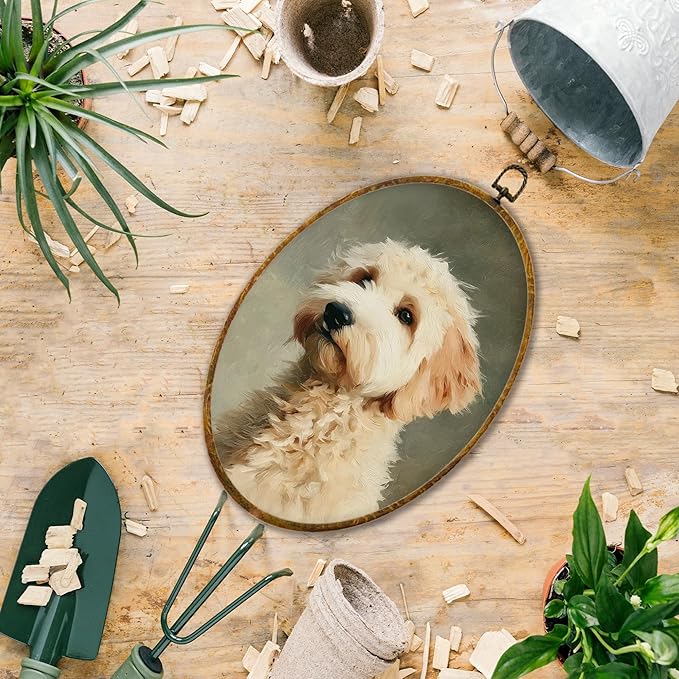 Hiuwevt Vintage Goldendoodle Oval Wall Art Decor, Goldendoodle Gifts for Women Framed Canvas Prints, Rustic Neutral Dog Oval Wall Hanging Decor for Bedroom Living Room Decorations, 8.6x11.4 Inches